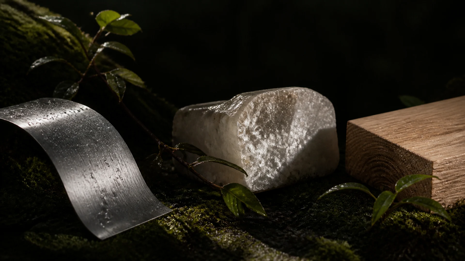 拉丝铝、矿物、白蜡木与湿润植物组成的材料研究